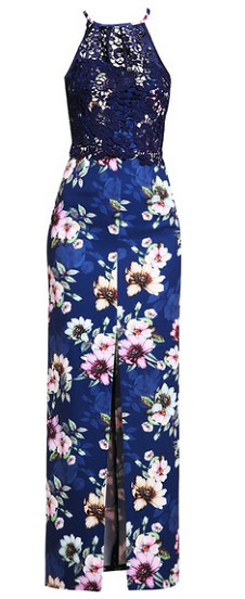 Kobaltowa sukienka maxi w kwiaty