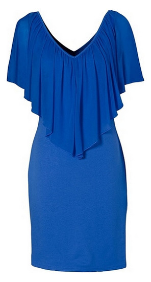 Kobaltowa sukienka z dekoltem V i falbanką