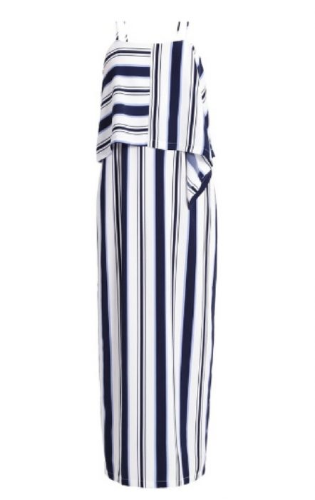 Sukienka maxi w pionowe pasy w odcieniach bieli i błękitu